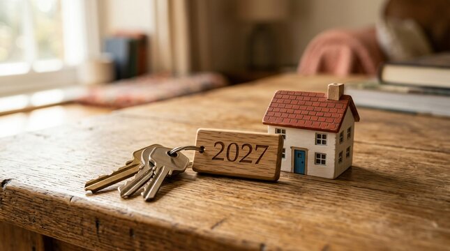 Real estate house key concept with 2027 date on wooden table. Property ownership and home finance business symbol, realtor tools, home purchase plan