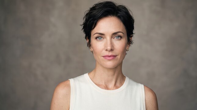 Short-haired woman facing camera in studio headshot with neutral backdrop. Professional portrait and personal branding. Identity, confidence and contemporary beauty concept. Copy space