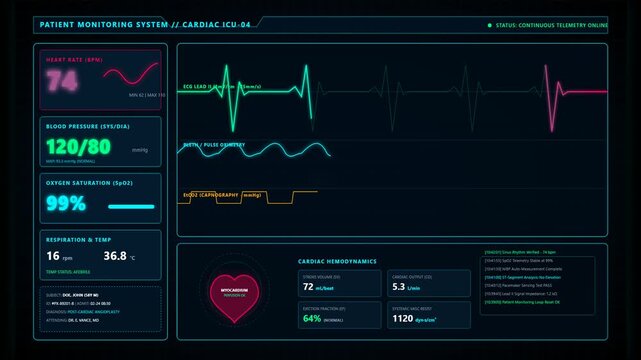 Digital Patient Monitoring Interface Displaying Real Time Vital Signs And Heart Rate Data Dashboard