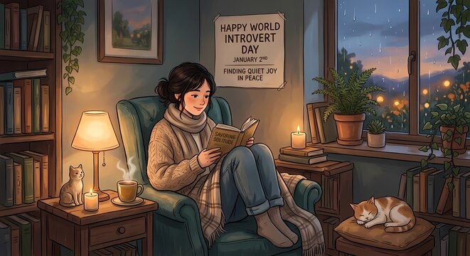 A girl reads a book in a cozy room, celebrating World Introvert Day