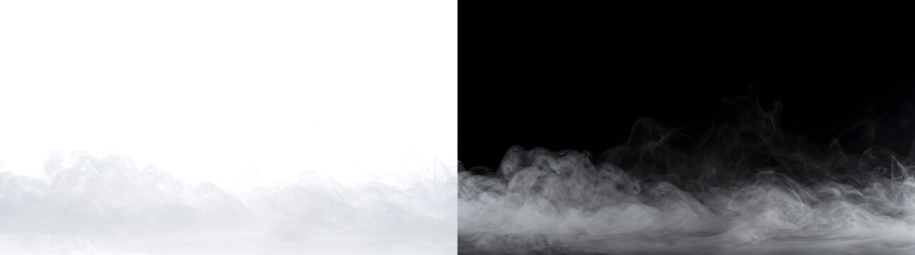 Smoke rising in layered grey haze with faint tall tendrils drifting above the ground for atmospheric overlays in PNG, Transparent and Black Background Versions