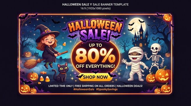 Halloween sale promotional banner template featuring cute cartoon witch, mummy, skeleton, and pumpkins