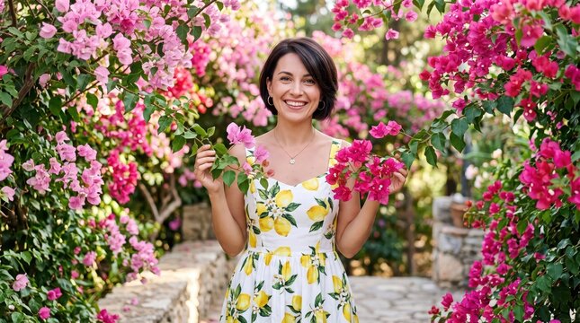 Smiling woman holding pink bougainvillea branches in a flower garden. Colorful blossoms and garden path. Springtime, gardening and nature. Floral beauty and outdoor lifestyle.
