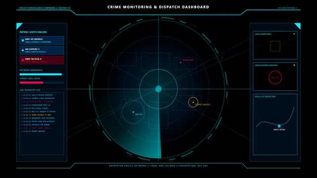 Futuristic Crime Monitoring and Dispatch Dashboard with Radar Scanning for Police Surveillance Data