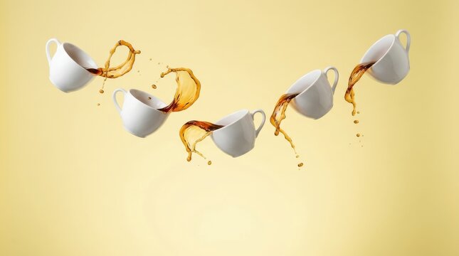 Dynamic floating white coffee cups with splashing liquid arranged in a rhythmic arc against a soft yellow studio background