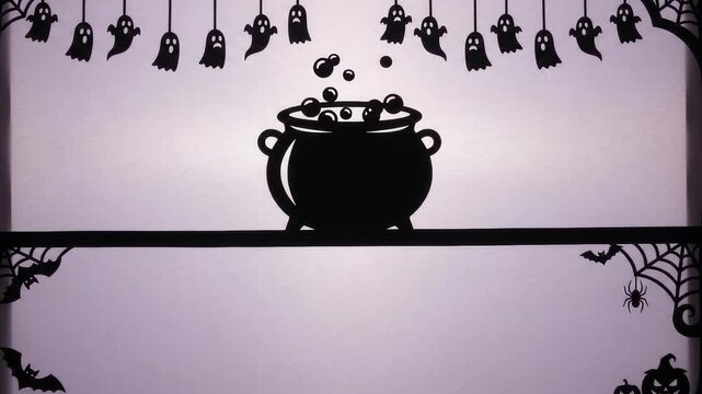Silhouette cauldron bubbling on purple papercut halloween background with copy space
