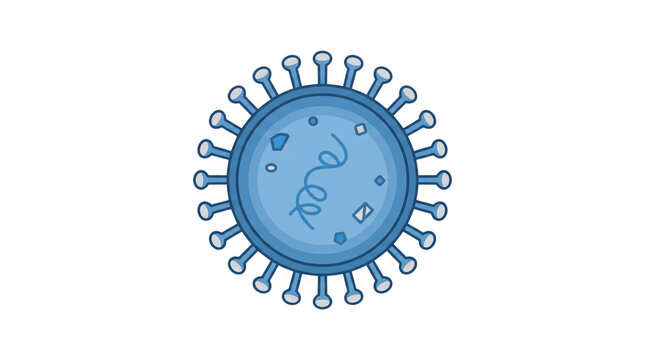 Microscopic virus cell illustration, blue medical pathogen icon, scientific coronavirus graphic isolated on white background