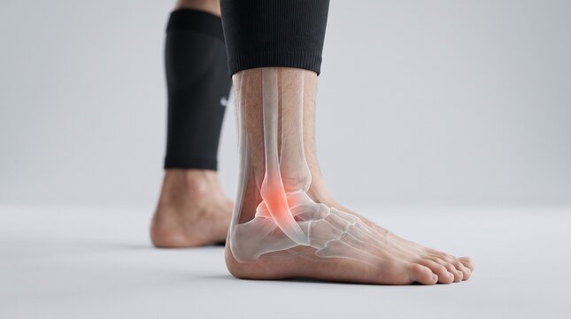 3D transparent medical illustration of a human foot and ankle bones showing a glowing red inflamed joint area
