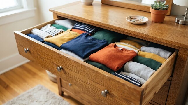 Natural Wood Bedroom Dresser Open Showing Neatly Folded Clothing Organized Inside Drawers