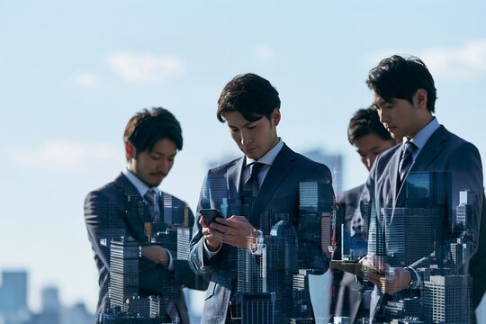 未来の都市とデジタル情報をスマートフォンで活用するビジネスマン
