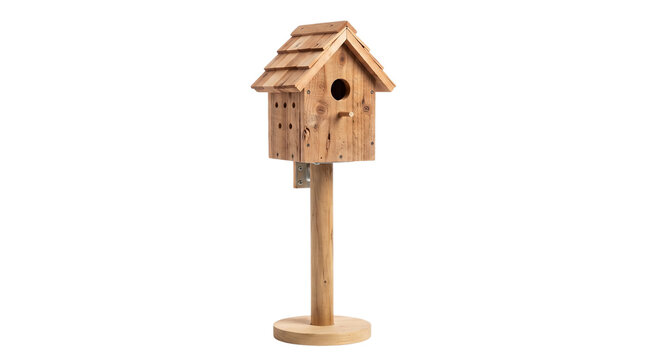 Rustic wooden birdhouse on stand, hand-crafted timber bird feeder house, natural wood avian shelter on isolated white background