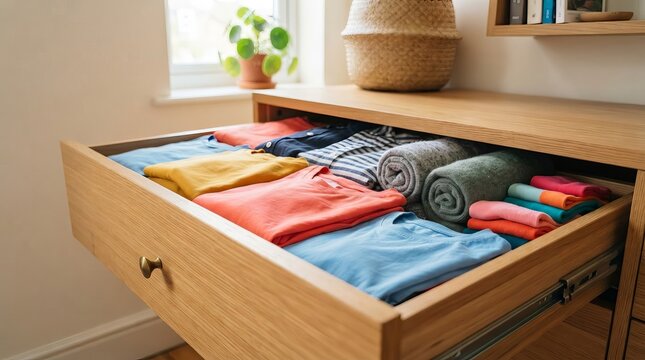 Open Wide Wooden Drawer Of A Bedroom Dresser Filled With Neatly Folded Colorful Clothing Apparel