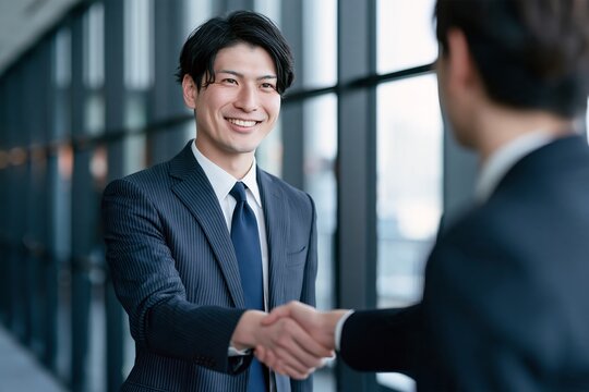 信頼感ある笑顔でビジネス合意の握手をする日本人男性