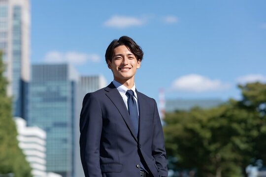 青空広がる都会の街で未来へ向かう笑顔の日本人男性