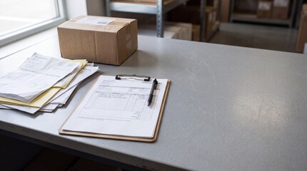 Obraz premium Shipping paperwork on a clipboard at a packing desk