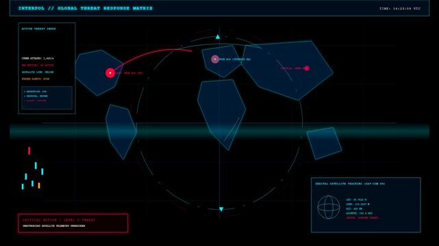 Futuristic Digital Global Threat Response Matrix Interface with Cyber Data and Network Map Tracking