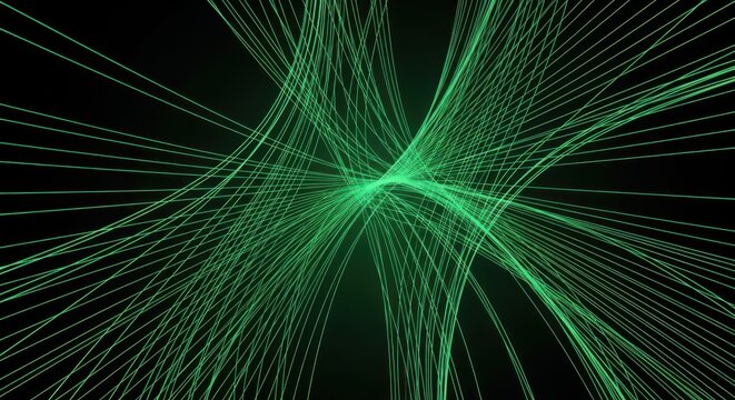 Abstract green glowing light streaks radiating from a central point on a dark background