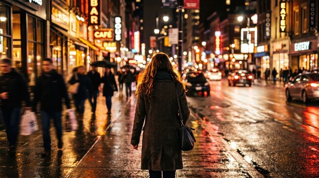 Woman walking along a busy city street after rain at night. Pedestrians and traffic fill a lively shopping district. Urban nightlife and evening commute. Rainy city street scene.