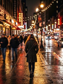 Woman walking along a rainy city street beneath strings of lights. Crowded shopping district at night with wet pavement reflections. Urban nightlife and evening commuting. City street scene.