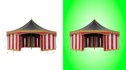 Elegant circus-style tent with striped drapes and golden trim © sultan
