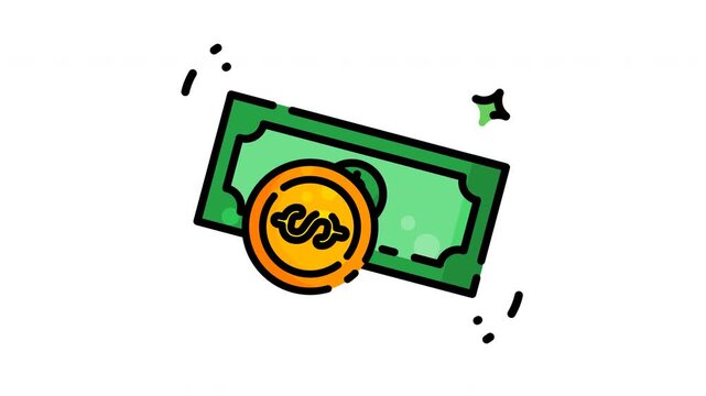 Animated bright yellow dollar coins and green bills symbolize financial wealth. Suitable for finance, wealth, investment, and moneyrelated concepts and designs.