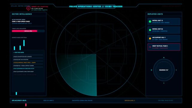 Futuristic Police Surveillance Radar Screen with Digital Tracking Interface and Tactical Data Display
