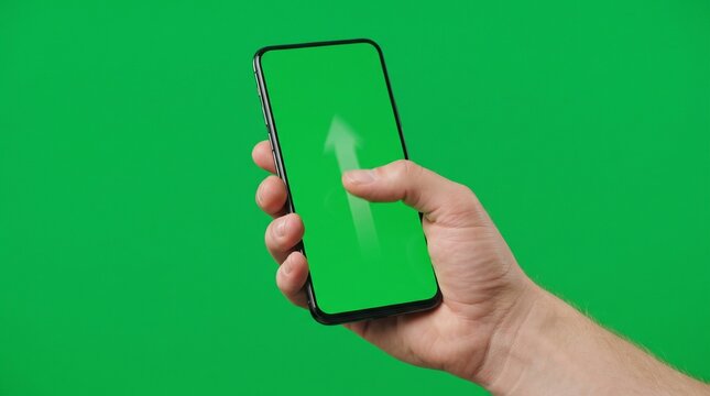 Hand swiping up on a smartphone with a green screen display