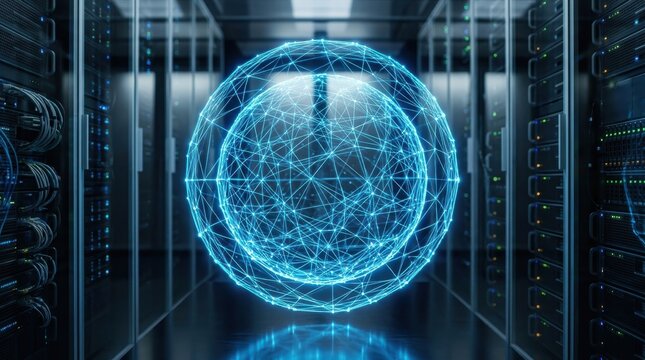 Digital globe hologram floating in server room with glowing blue network lines