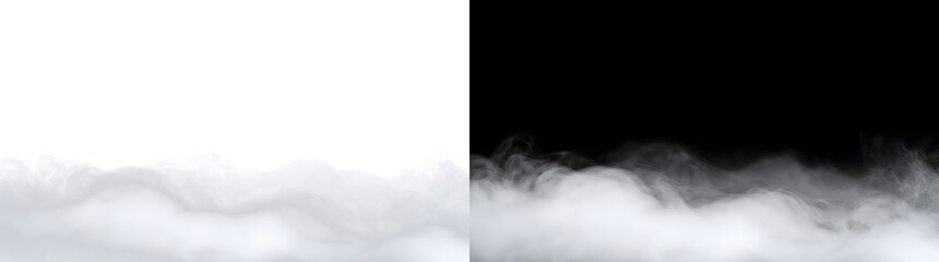 Fototapeta premium Smoke rolling in a thick white cloud bank with soft billowing waves for atmospheric overlays in PNG, Transparent and Black Background Versions