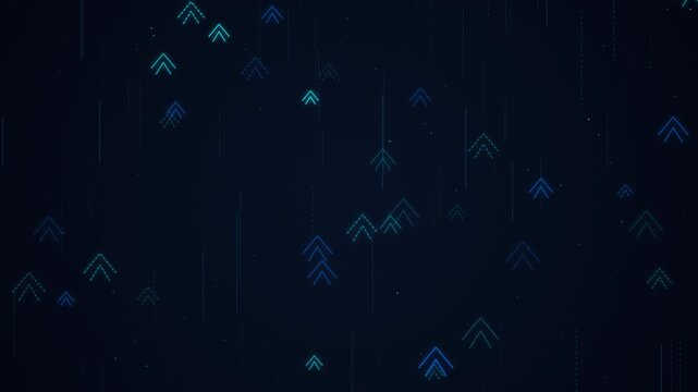 A seamless futuristic background featuring upward moving neon blue arrows, glowing data pulse lines, and subtle parallax particle effects symbolizing growth, financial progress, and technology.