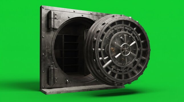 Open bank vault door with spinning wheel lock on a green screen