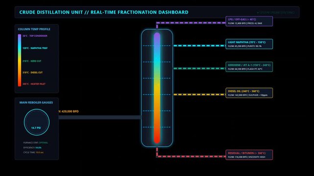 Industrial Crude Oil Distillation Unit Real Time Data Monitoring Dashboard Interface Animation