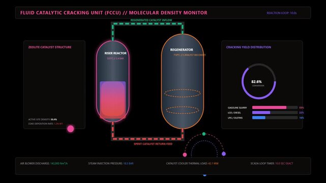 Industrial Fluid Catalytic Cracking Unit Monitor Infographic with Animated Petrochemical Data Flow