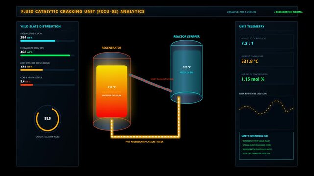 Industrial Fluid Catalytic Cracking Unit Process Dashboard Showing Real Time Refinery Data Monitoring
