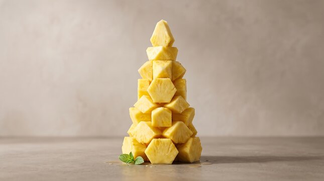 Pineapple chunks stacked in a geometric tower shape with fresh mint leaves on a neutral background