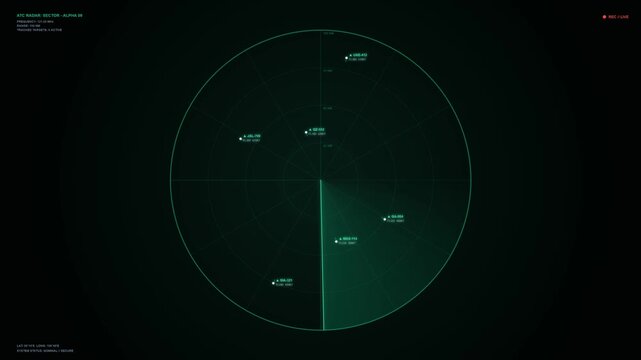 Airplane Radar Animation on Black Background, Aircraft Detection Radar Screen, Aviation Tracking System, Rotating Radar Scanner, Flight Monitoring and Air Traffic Control Technology