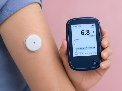 Close Up of Person Wearing Continuous Glucose Monitor Sensor on Arm and Holding Reader Device Showing Blood Sugar Level for Diabetes Management Concept