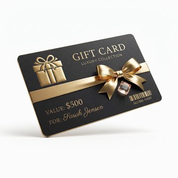 Luxury Black and Gold Gift Card with Ribbon and Bow Premium Five Hundred Dollar Value Voucher for Sarah Jensen Isolated on White