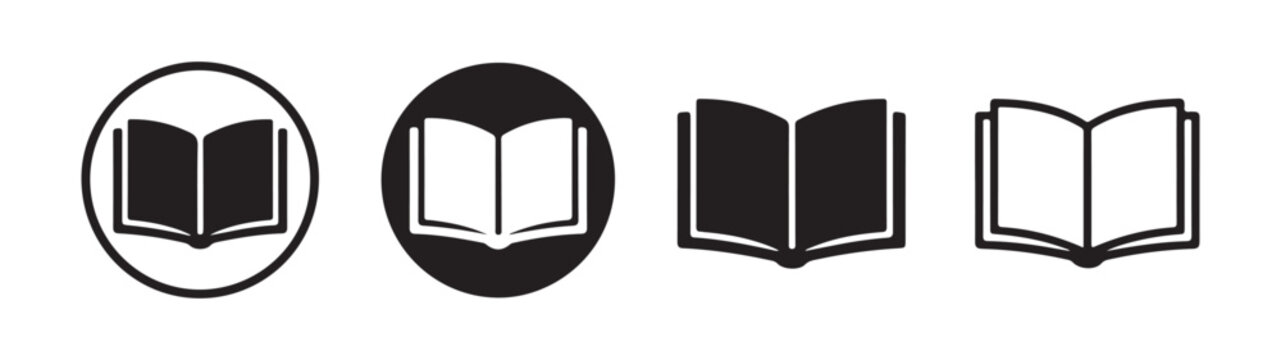 Open book silhouette icons in various stroke weights for education and publishing graphic resources.