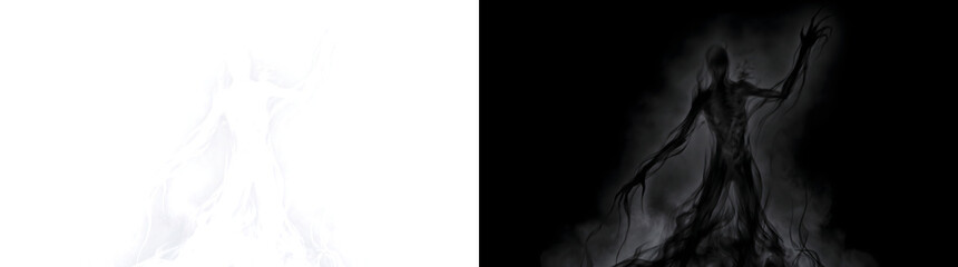 Fototapeta premium Halloween shadow demon with clawed arm and smoke tendrils for horror designs in PNG, Transparent and Black Background Versions