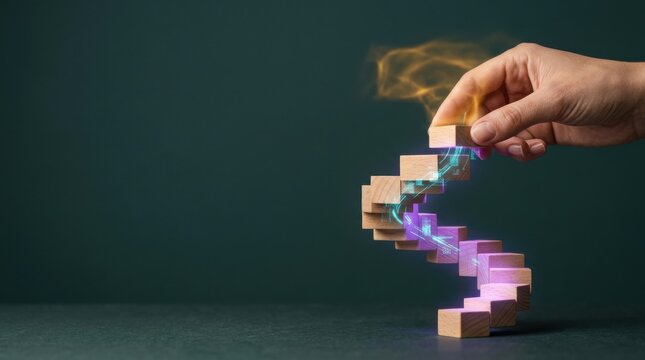 Hand placing the final wooden block on ascending steps illustrating business growth through incremental progress