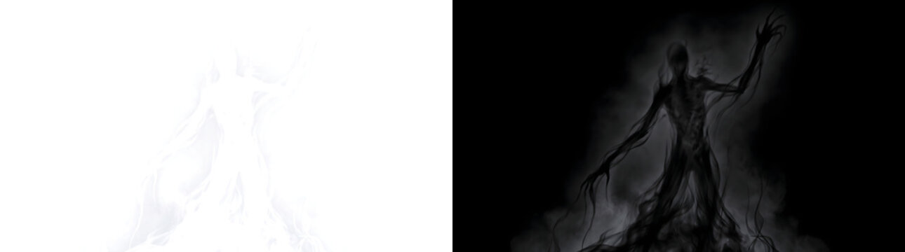 Halloween shadow demon with clawed arm and smoke tendrils for horror designs in PNG, Transparent and Black Background Versions