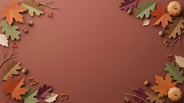 Autumn background with fall leaves, acorns, and pumpkins on a brown surface