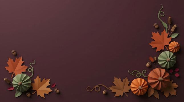 Autumn harvest background with paper craft pumpkins and fall leaves on dark brown surface
