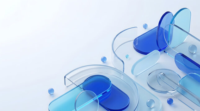 Abstract 3d composition with blue glass geometric shapes and spheres isolated on white background