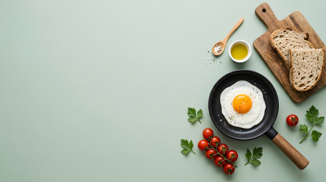 Fried egg in a pan with bread, cherry tomatoes, and olive oil on a light green background