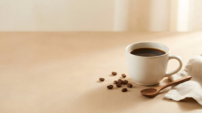 Cup of black coffee with coffee beans and a wooden spoon on a beige background
