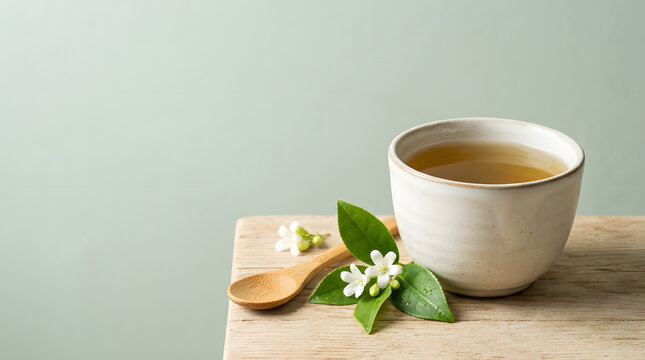 Cup of herbal tea with orange jasmine flowers and a wooden spoon on a wooden surface