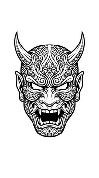 Intricate tribal pattern Hannya mask black and white illustration.