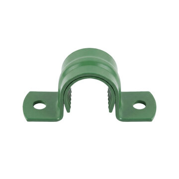 Green metal pipe strap clamp, U-bolt fastener with mounting holes